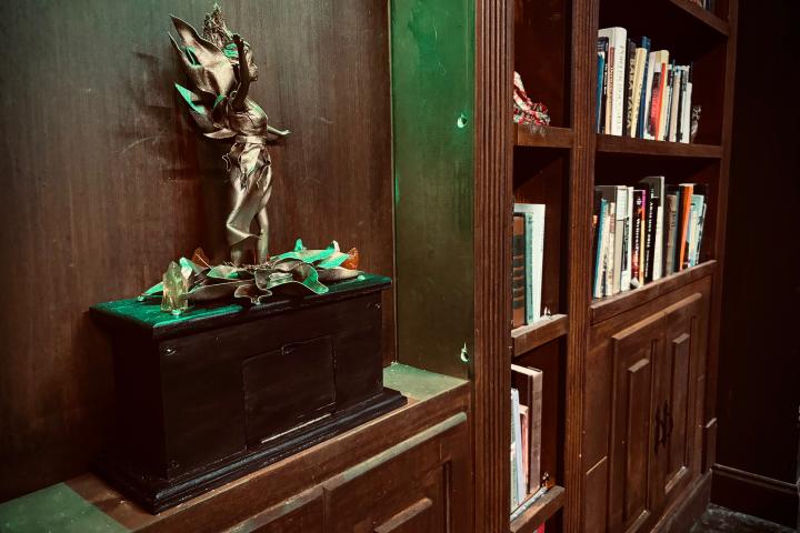 Statue on bookshelf, books on shelves in background